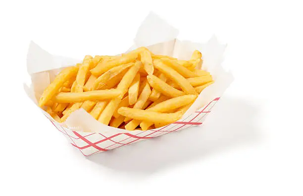 Fries isolated on a white background, larger files include clipping path.  Exported at 16 bit, color corrected and retouched for maximum image quality.
