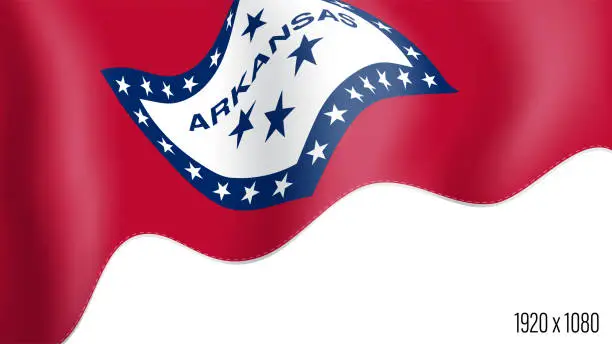 Vector illustration of American state of Arkansas realistic founding day background. USA state of Arkansas banner in motion waving, fluttering in wind. Festive patriotic HD format template for independence day