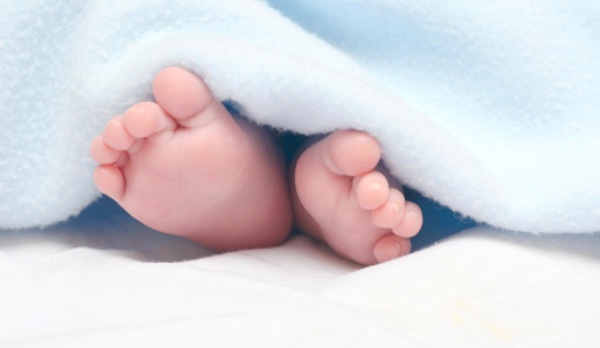 Legs, toes, feet and heels of newborn twins. Wrapped in a knitted blanket. Studio macro photography, close-up. Black and white photographs. Knitted hearts in the legs of twins. Two newborns.