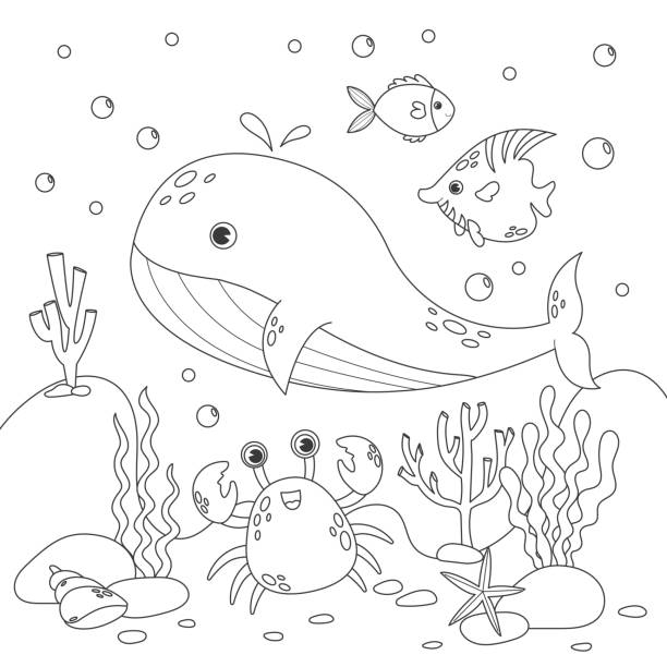 śliczna kwadratowa kolorowanka dla dzieci. - doodle fish sea sketch stock illustrations