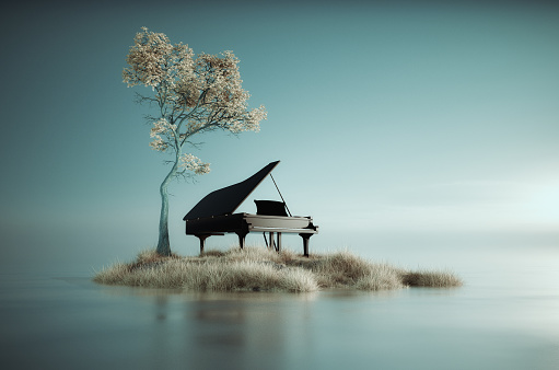 Piano on a piece of land in the water . Peaceful and silence concept. This is a 3d render illustration