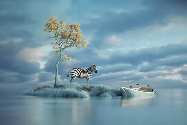Surreal image of a zebra on a small island and a boat. Explore and aspiration concept. This is a 3d render illustration
