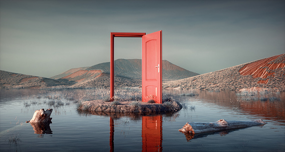 Opened door in the nature. Escape and opportunity concept. This is a 3d render illustration