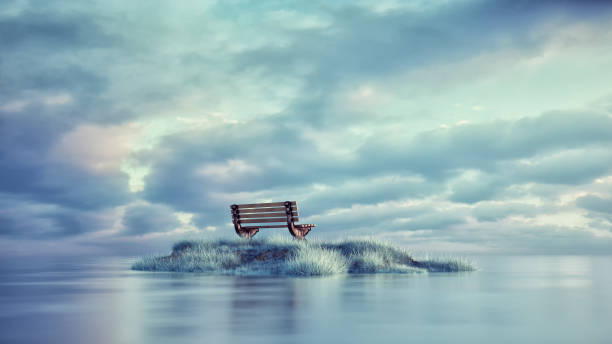Surreal image with a bench on a deserted island. This is a 3d render illustration
