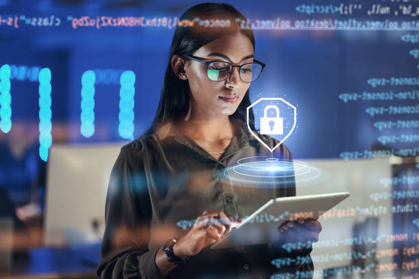 Lock hologram, tablet and woman with data analysis safety, software overlay and cyber security coding at night. Html, script and person reading with digital technology, gdpr and networking research stock photo