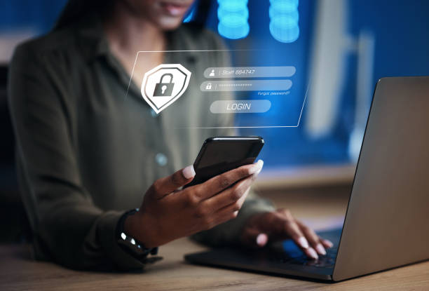 istock Woman, phone and security for username, password or encryption on office desk at workplace. Hands of female person with Lock Screen hud for login access, verification or identification on smartphone 1552878244