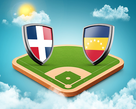 3d Dominican Republic Versus Venezuela Shield Icons On Baseball Stadium Grass Field, 3d illustration