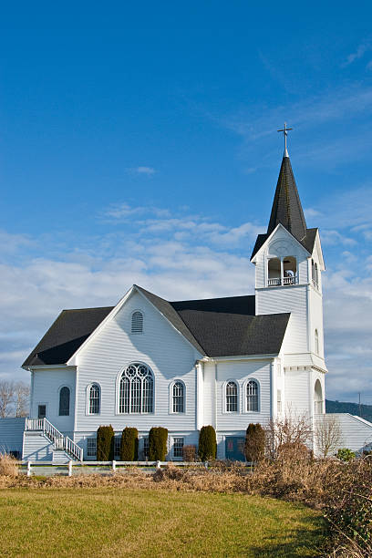 Historic Fir Conway Lutheran Church Built in 1916, Fir Conway Lutheran Church is one of the most beautiful churches in the Pacific Northwest. Inside the church, there's a lovely sanctuary and one of the finest pipe organs in the area. Fir Conway church is located in Conway, Washington State, USA. jeff goulden church stock pictures, royalty-free photos & images