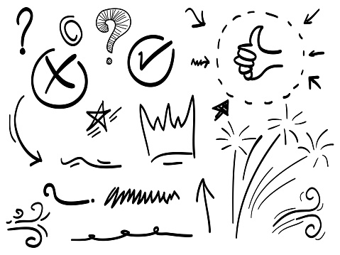 Hand drawn set of doodle design element. with underline, curly swishes, crown, swoops. swirl. Highlight text elements, fireworks, question,tumbs up, star. vector illustration