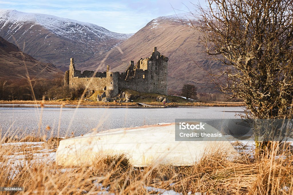 Kilchurn Castle, Loch Awe Looking over an upturned boat and across frozen Loch Awe to Kilchurn Castle on a winter's evening. Castle Stock Photo