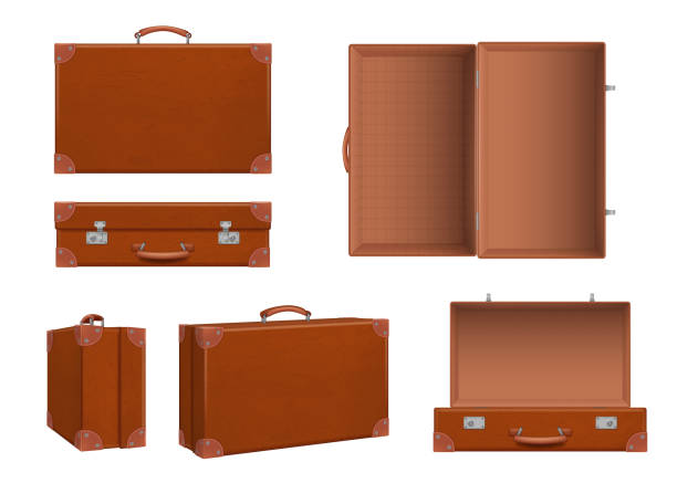 Travel suitcase. Open and closed retro baggage leather suitcase decent vector realistic set Travel suitcase. Open and closed retro baggage leather suitcase decent vector realistic set of baggage and luggage, suitcase to travel, bag retro illustration suitcase luggage old fashioned obsolete stock illustrations