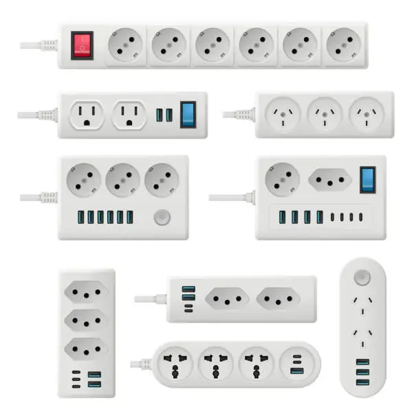 Vector illustration of Electricity socket. Extension cords with electro plugs decent vector realistic pictures set