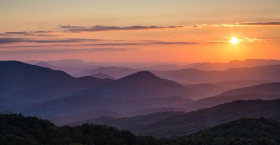 Sunset over the Appalachian Mountains looking into the Great Smoky Mountains National Park, North Carolina and Tennessee.