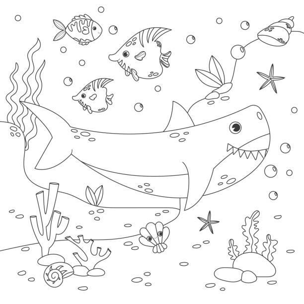 kolorowanka antystresowa dla dzieci z rekinem. - underwater mine stock illustrations