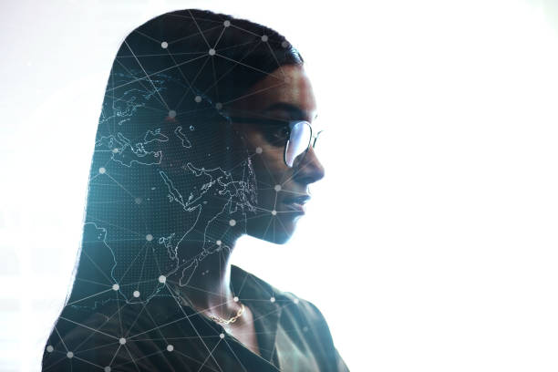 istock Tech, cybersecurity or facial recognition of a woman user with biometric identification for network access. Face scan id, virtual reality or hologram of an indian person with futuristic communication 1552883111