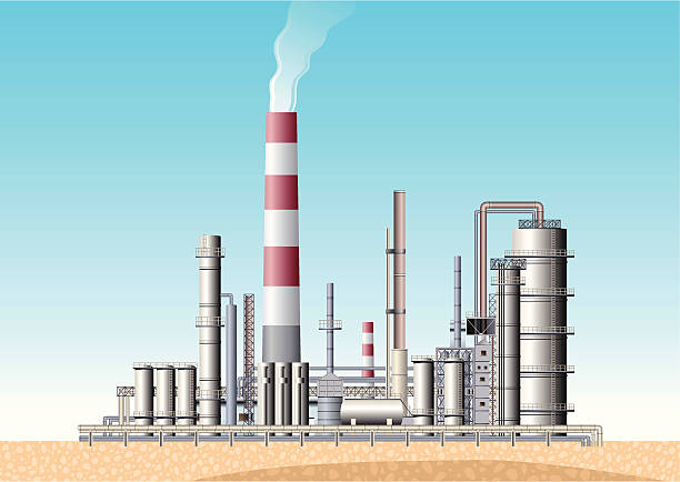 illustrazioni stock, clip art, cartoni animati e icone di tendenza di raffineria di petrolio - gasoline factory station chimney
