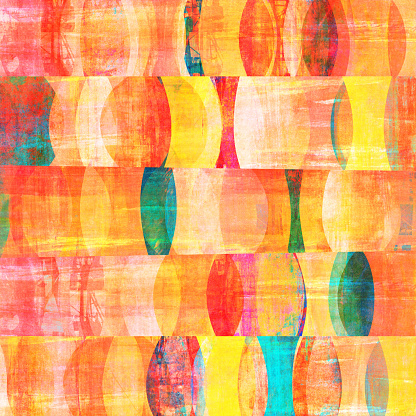 Retro mid-century-style abstract pop art background. Colorful shapes with grunge textures. Layered digital collage.