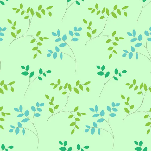 Vector illustration of Simple floral seamless pattern. Branches with turquoise, lime, green leaves on light green background. Spring seasonal design