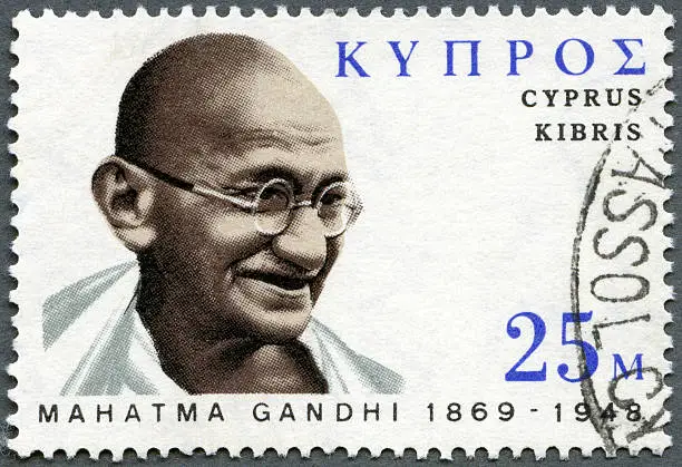 Cyprus 1970 stamp printed in Cyprus shows portrait of Mohandas Karamchand Gandhi (1869-1948), birth centenary, leader in India's struggle for independence, circa 1970