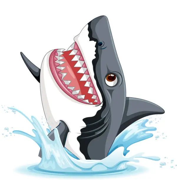 Vector illustration of A cartoon illustration of a great white shark with big teeth leaping out of the water with a smile