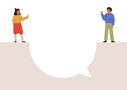 Girl and boy stand on the big speech bubble and waving hands. Friends Or siblings say hello with hi gesture. Teenagers on the large frame online message greet each other.communication concept. Vector