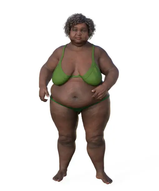 A comprehensive 3D medical illustration portraying a whole-body representation of an African woman with overweight body composition, highlighting the physiological implications of excess weight.