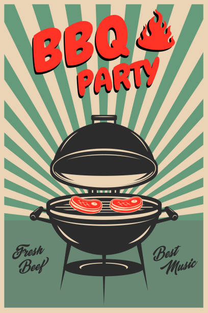 BBQ party. Old style poster with grill