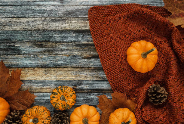 istock Pumpkins, cones and autumn leaves on a blanket and wooden background. Fall flat lay composition with copy space. 1552949237