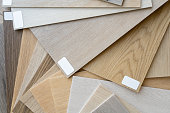 Wooden flooring samples. Interior designer composition, choosing wood floor.