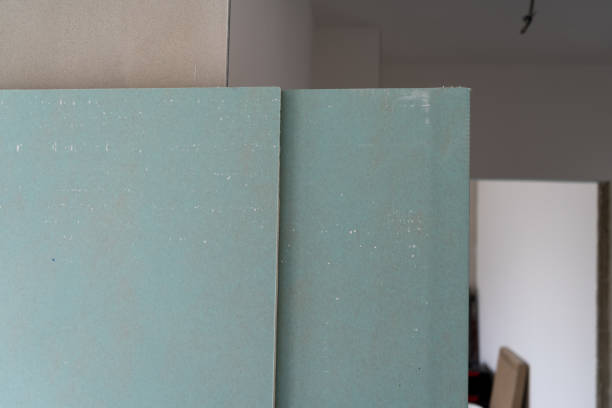 Green waterproof drywall or greenboard. Paper faced gypsum board, moisture proof plasterboard building material. Panel used in construction of interior walls and ceilings.