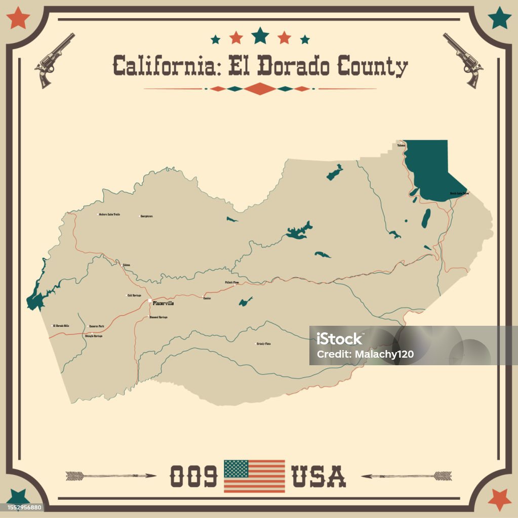 Large And Accurate Map Of El Dorado County California Usa With Vintage