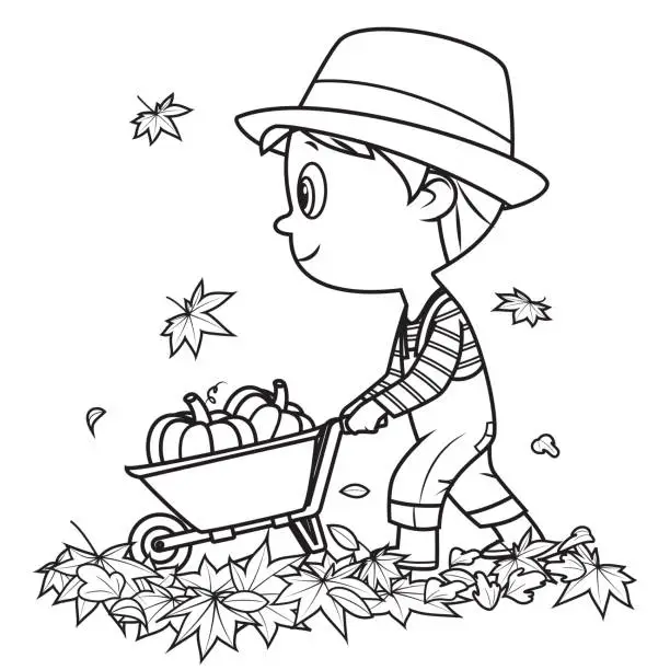 Vector illustration of Black And White Cute boy with pumpkins at Halloween in autumn