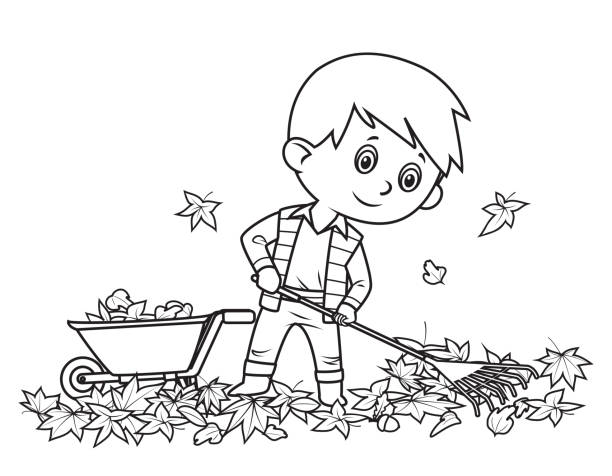 мальчик собирает листья - characters nature digitally generated image leaf stock illustrations