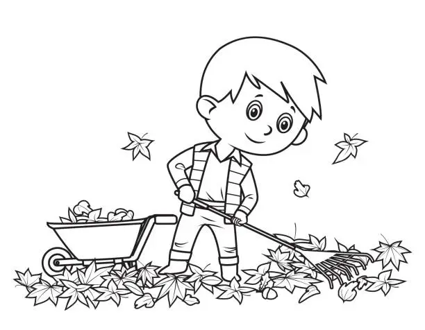 Vector illustration of Boy Gathers Leaves