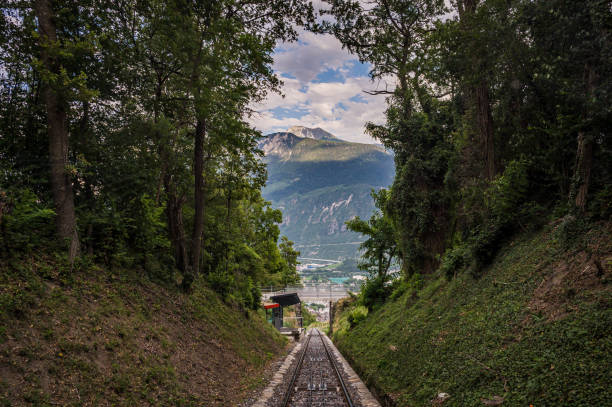 istock Mountain, Sierre city and funicular trail in Switzerland. 1552964554