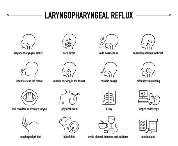 후두인두 역류 증상, 진단 및 치료 벡터 아이콘 세트. 편집 가능한 의료 아이콘을 줄입니다. - laryngoscopy stock illustrations