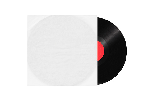 White paper cover and vinyl LP disc with red blank label isolated on white