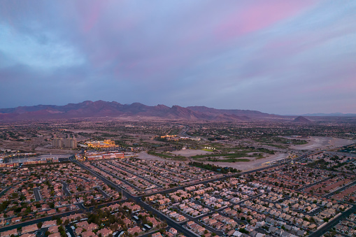 Aerial view of Las Vegas during beautiful sunrise. Fabolous morning in Las Vegas Nevada.