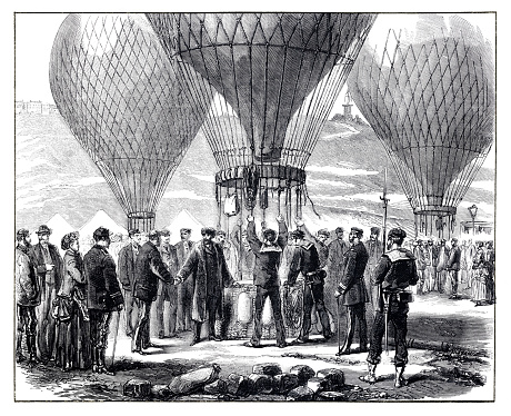 French politicians Léon Gambetta ( 1838-1882 ) and Eugène Spuller ( 1835-1896 ) fleeing Paris via hot air balloon during the Franco-Prussian War. 
Original edition from my own archives
Source : Correo de Ultramar 1870