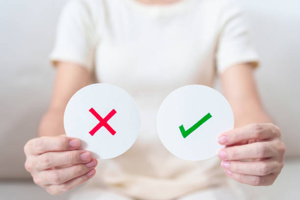 istock Woman show Wrong and Right symbol paper. True and false, accept and rejected, evaluation, Vote, Poll, Yes or No and Survey concepts 1552992156