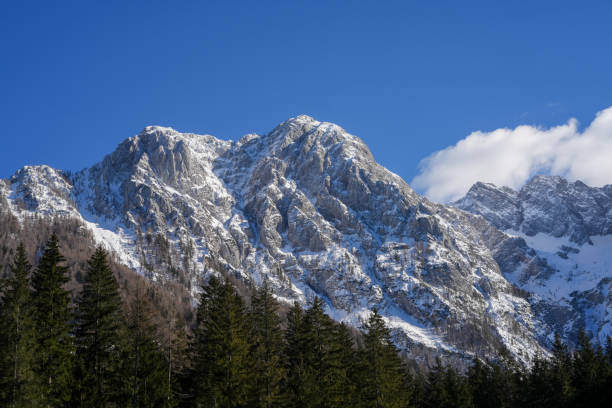 Mountain and snow in a cold day with clouds