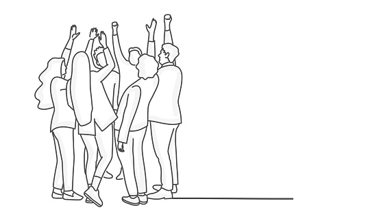 Group of People Standing with Raising Hands. Volunteer people group. Hand drawn vector illustration.