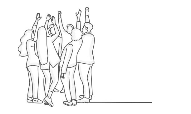 Group of People Standing with Raising Hands. Group of People Standing with Raising Hands. Volunteer people group. Hand drawn vector illustration. tournament of roses stock illustrations