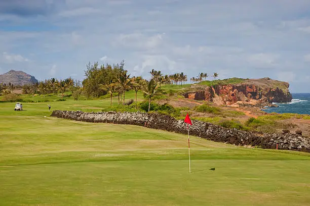 Guy hitting up to the green on a scenic Hawaii golf course