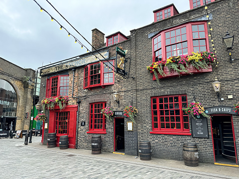 The Anchor pub on Bankside in Southwark. This is a traditional old London pub near the River Thames.