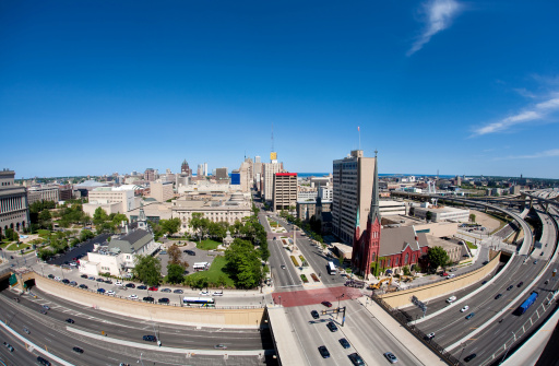A fisheye angle of Milwaukee's downtown skyline