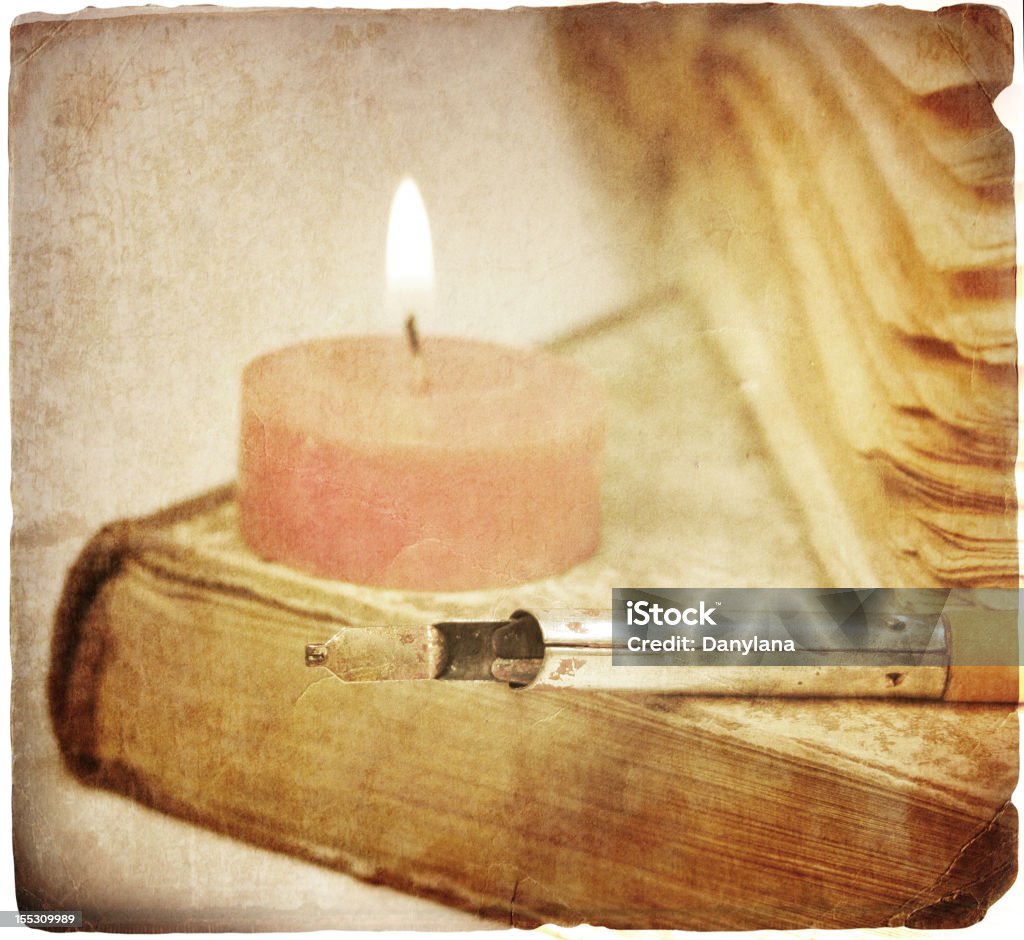 Library Background in retro style Old books, pen and candle in retro style Ajar Stock Photo