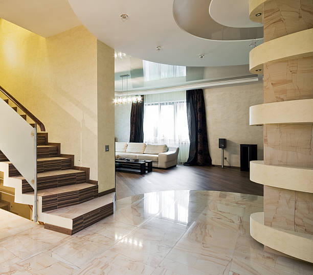 Luxury hall with staircase in a new house stock photo
