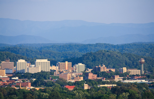 View of Knoxville skyline and the Great Smoky Mountains.