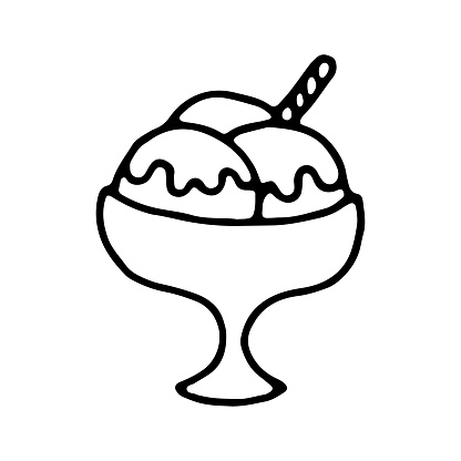Ice cream balls in a bowl outline doodle isolated vector illustration on white background. Dessert in a cup linear cartoon icon. Sweets and candies thin line drawing for your design